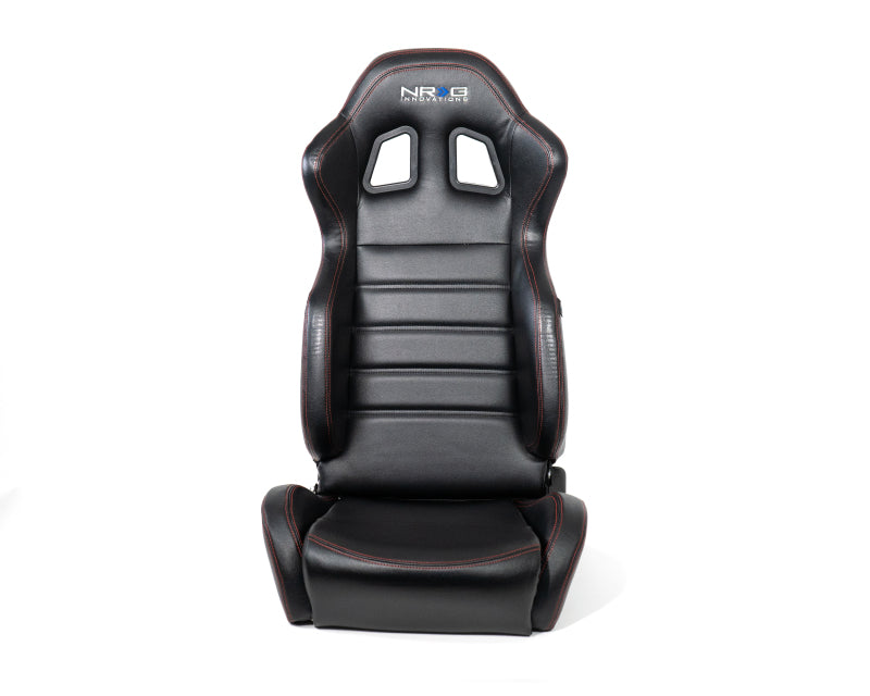 NRG Reclinable Racing Seats (Pair) Black Leather w/NRG Logo Red Stitch - RSC-208-1L/R - close-up view