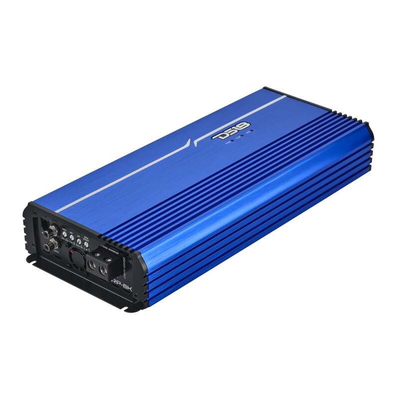 DS18 1-Channel Class D Full-Range Monoblock 8000 Watts RMS at1 ohm DPIV1/0 Terminals Included Blue - FRP-8K/BL - angle view