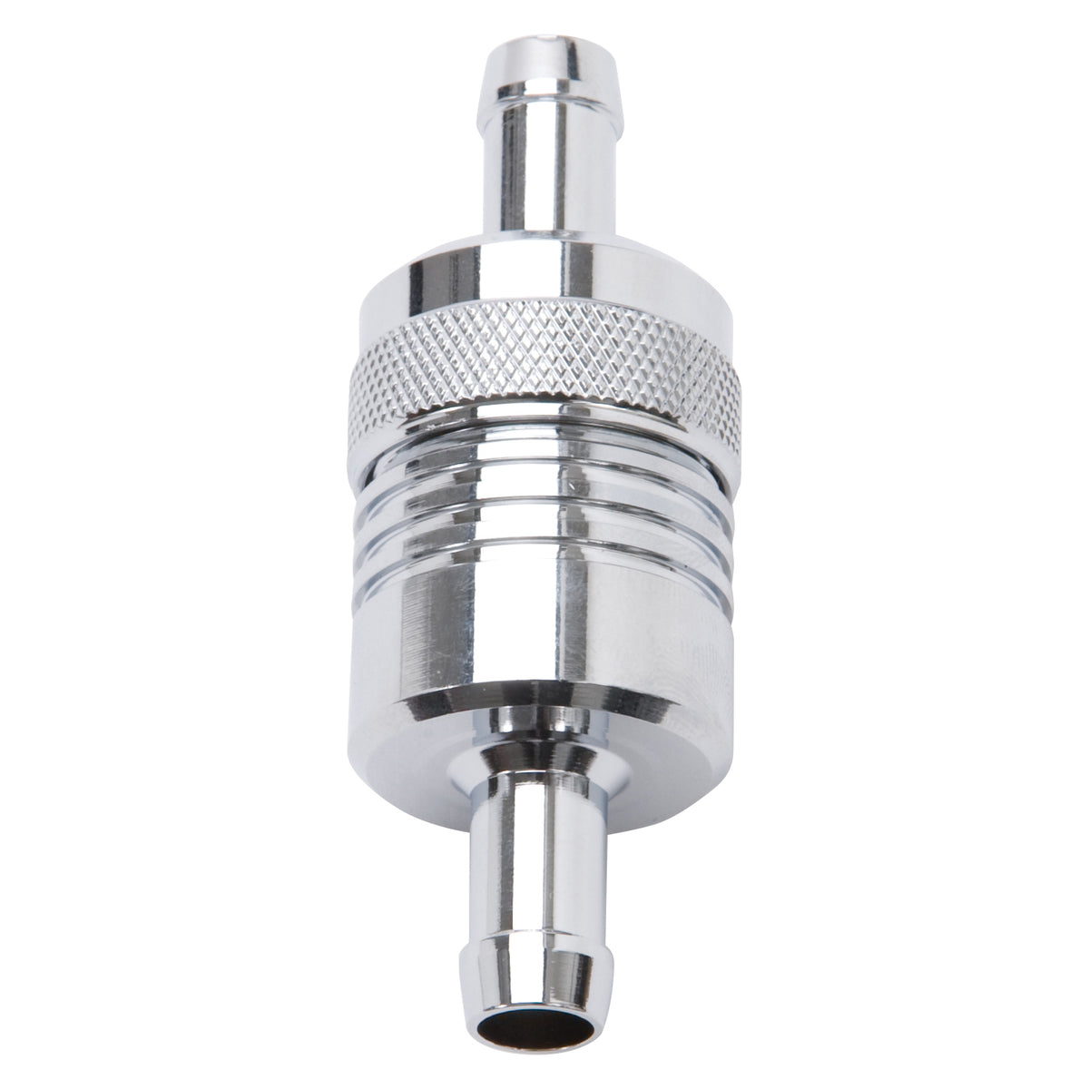 Edelbrock Fuel Filter Aluminum 3In X 01/ 1/8In 3/8In Inlet/Outlet Chrome - 8136