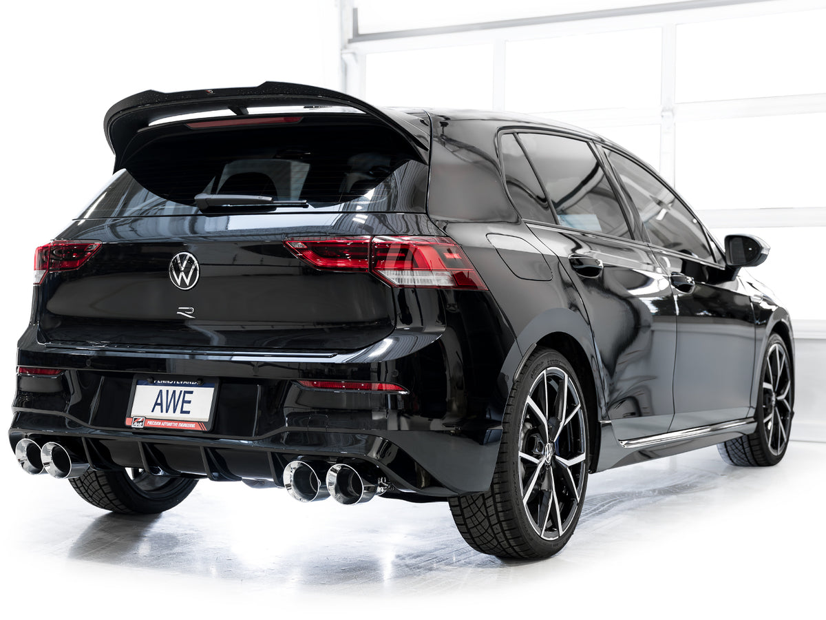 AWE MK8 Volkswagen Golf R 3in Track Edition Quad Exhaust - Chrome Silver Tips - 3020-42658