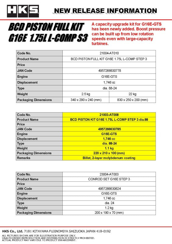 HKS BCD Piston Kit G16E 1.75L L-Comp S3 D88 - 21003-AT008