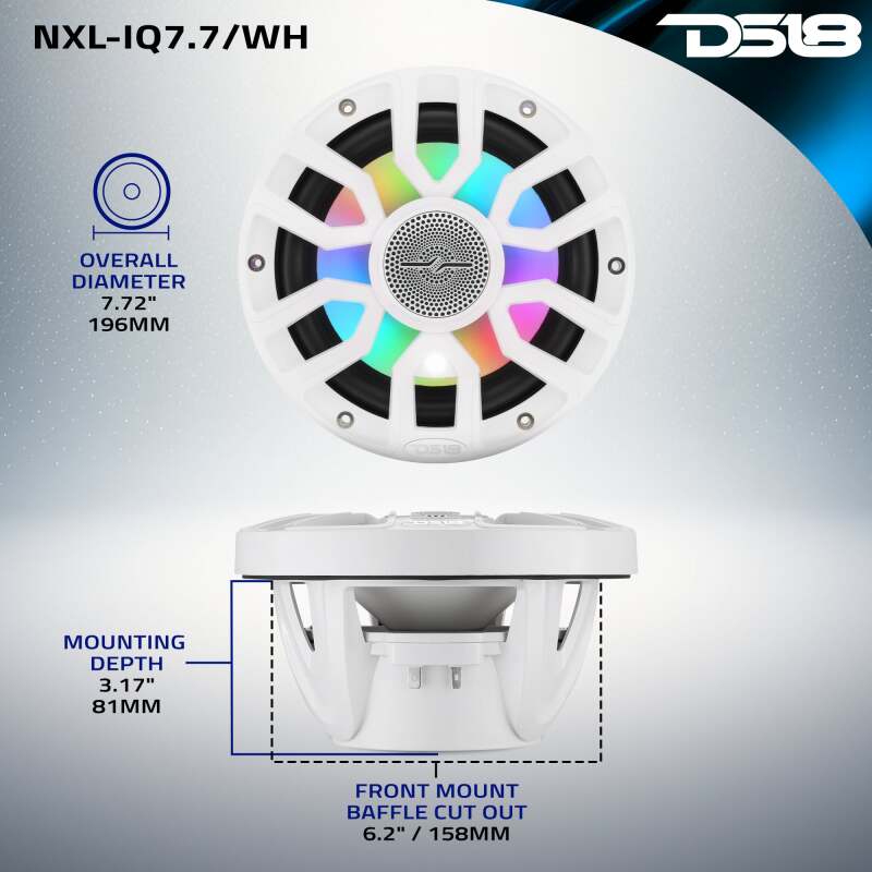 DS18 7.7in 2-Way 175 Watts RMS 4ohm Dgtl LED Lights Bullet Tweeter Cvrs Incl Wht Built-in Deck Light - NXL-IQ7.7/WH - angle view