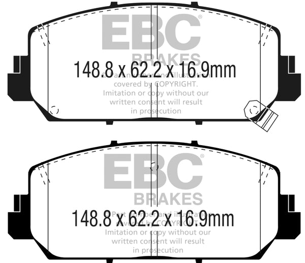 EBC 16+ Acura ILX 2.4 Yellowstuff Front Brake Pads - DP43049R for 2016-2022 Acura ILX - front view