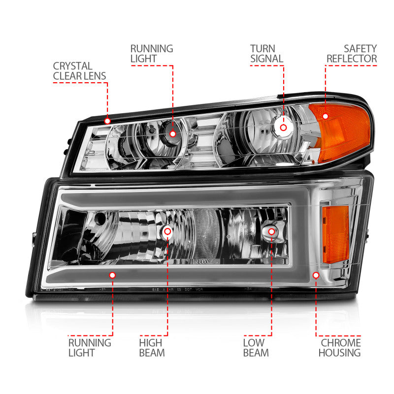 ANZO 04-12 GM Colorado/Canyon/I-Series Crystal Headlights - w/ Light Bar Chrome Housing 4pcs - 111559