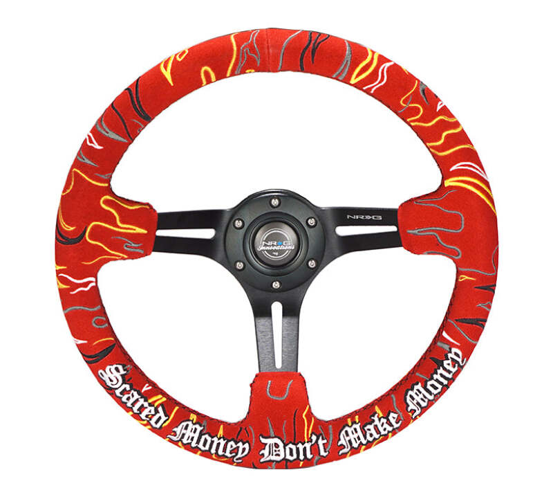 NRG Reinforced Steering Wheel (3in. Deep) Ryan Litteral Sig Blk Alcan, Red Stich, Flame Embroidery - RST-018MB-RLR - front view