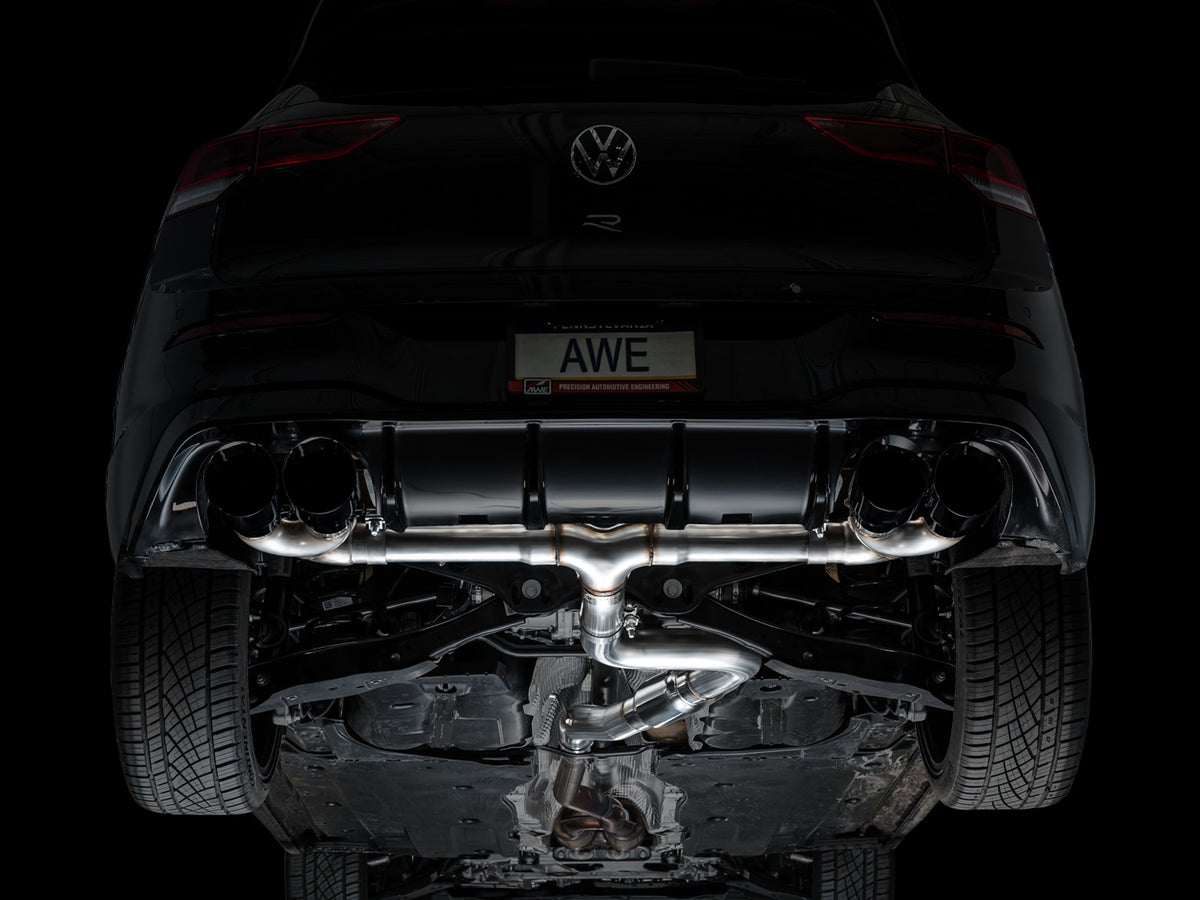 AWE MK8 Volkswagen Golf R 3in Track Edition Quad Exhaust - Diamond Black Tips - 3020-43658