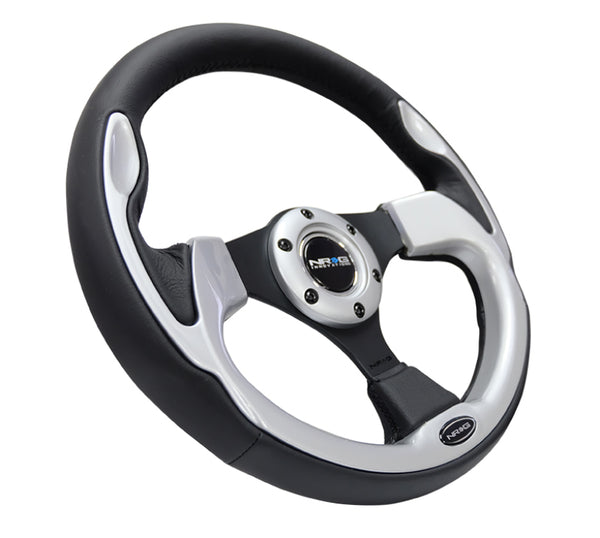 NRG Reinforced Steering Wheel (320mm) Blk w/Silver Trim & 5mm 3-Spoke - RST-001SL - front view