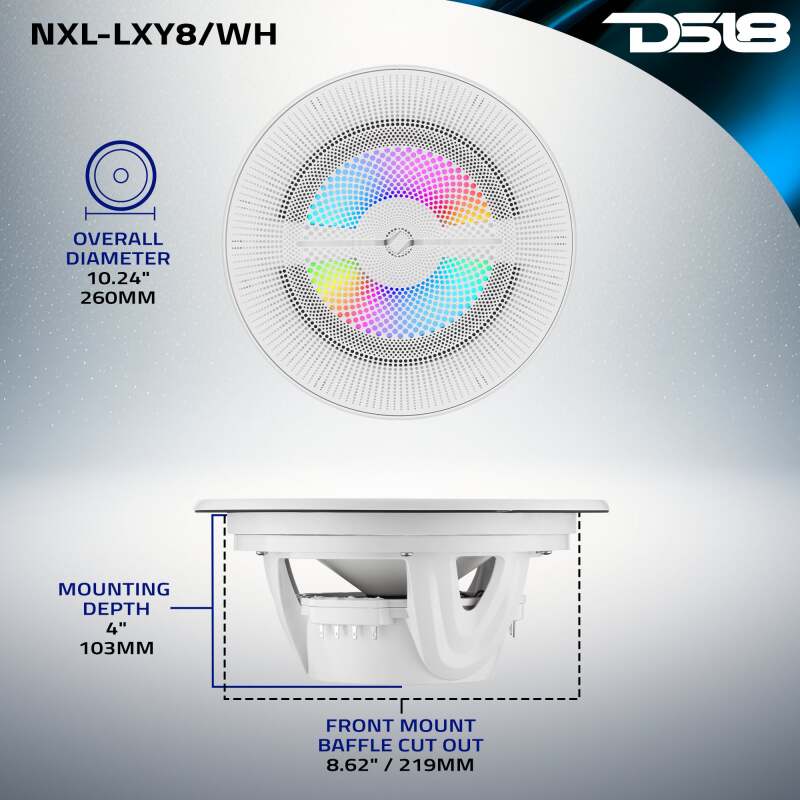 DS18 8in 2-Way 175 Watts RMS 4ohm Digital LED Lights Bullet Tweeter White - NXL-LXY8/WH - angle view