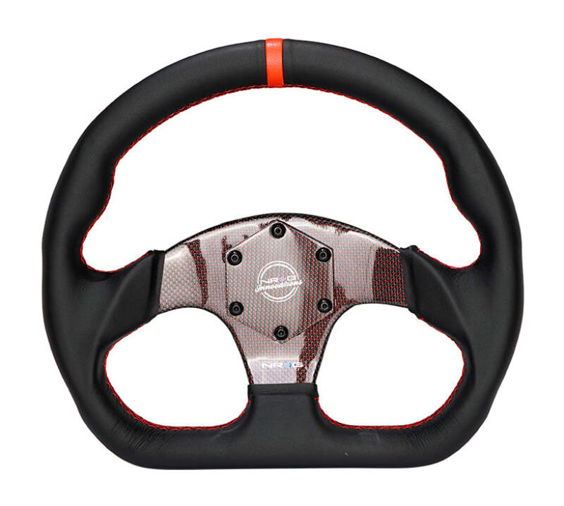 NRG Carbon Fiber Flat Bottom Steering Wheel (320mm) Red CF Center w/Red Stitch/Center Mark - RST-024CF/RD - close-up view