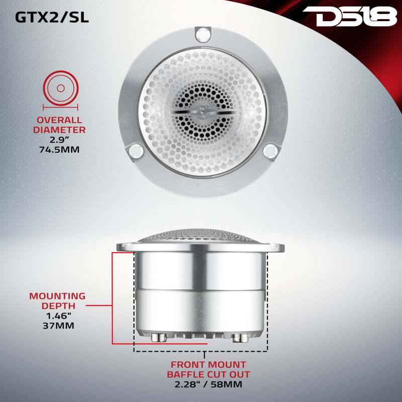 DS18 3in Neodymium Super Bullet 120 Watts RMS 1in Titanium Vc 4ohm Silver - GTX2/SL - angle view