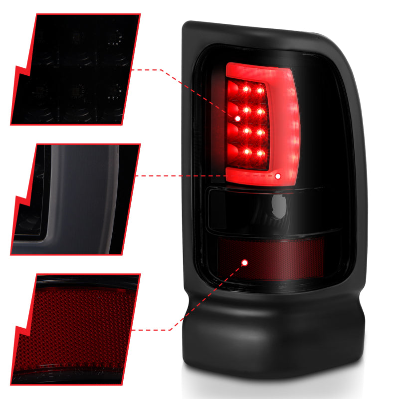 ANZO 1994-2001 Dodge Ram 1500 LED Taillights Plank Style Black w/Smoke Lens - 311340