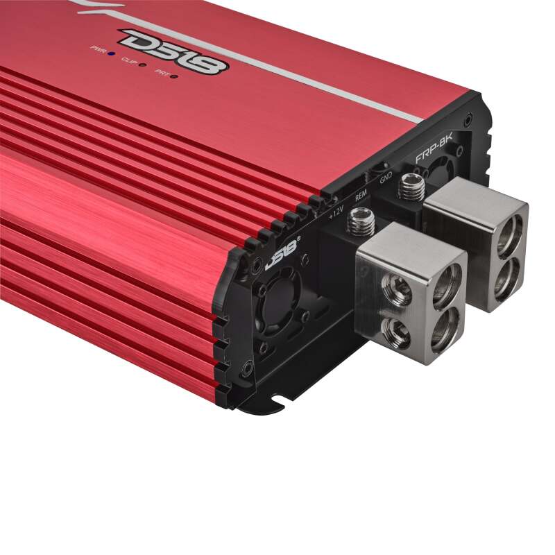 DS18 1-Channel Class D Full-Range Monoblock 8000 Watts RMS at1 ohm DPIV1/0 Terminals Included Red - FRP-8K/RD - angle view