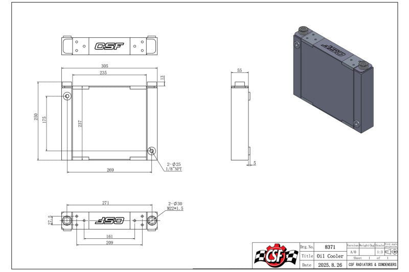 CSF Universal Large Single-Pass Oil Cooler - M22 x 1.5 - 12in L x 9.33in H x 2.16in W - 8371
