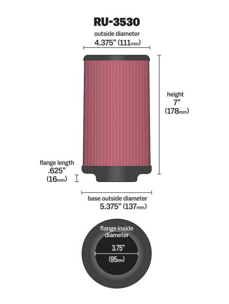 K&amp;N Universal Rubber Filter 3.75in FLG x 5.375in Base x 5.375in Top x 7in Height - RU-3530
