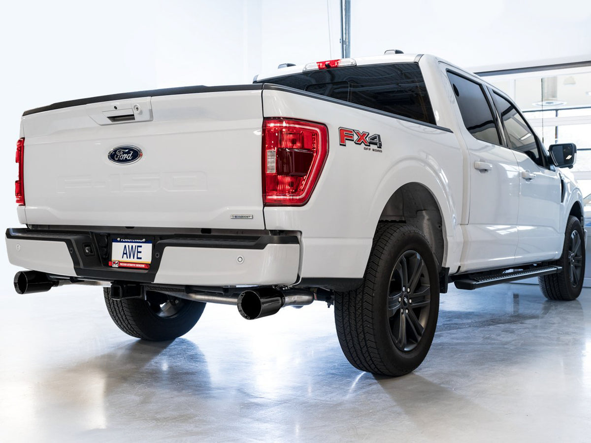 AWE 0FG 21+ Ford F150 Dual Split Rear Cat-Back Exhaust- 5in Diamond Black Tips - 3015-33119