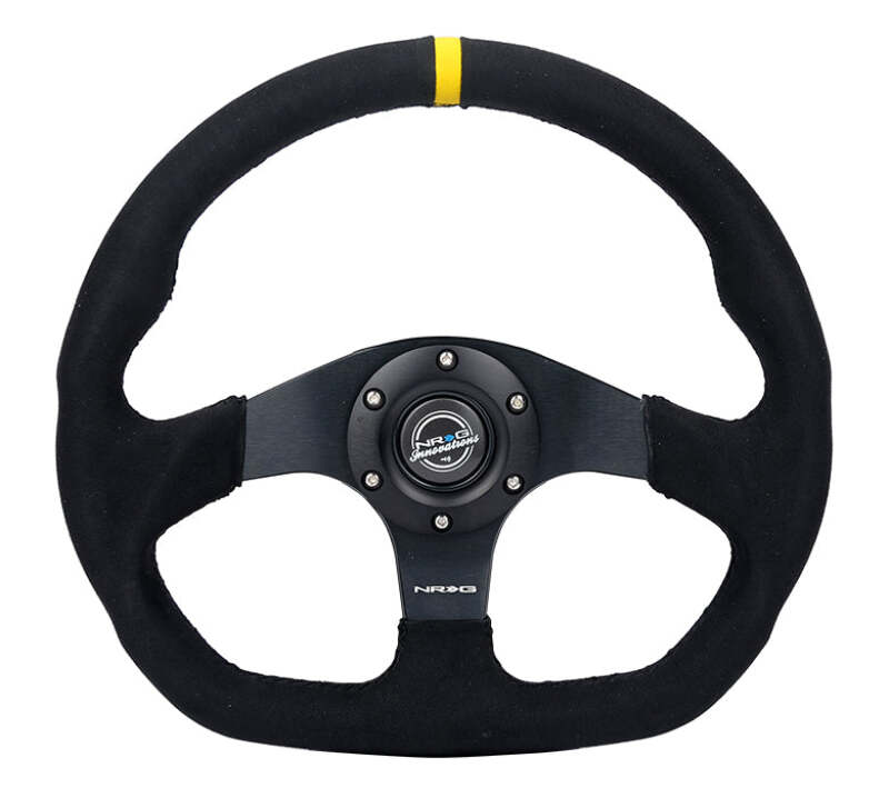 NRG Reinforced Steering Wheel (320mm) Sport Alcantara Flat Bottom w/ Yellow Center Mark - RST-024MB-SA-Y - front view