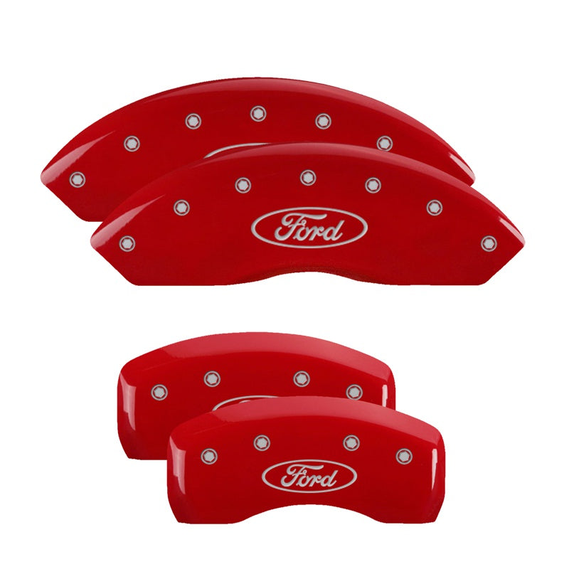 MGP 4 Caliper Covers Engraved Front &amp; Rear Oval logo/Ford Red finish silver ch - 10007SFRDRD