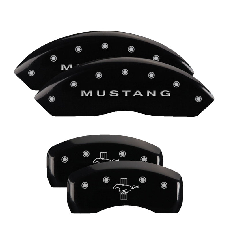 MGP 4 Caliper Covers Engraved Front Mustang Engraved Rear Bar &amp; Pony Black finish silver ch - 10017SMBPBK