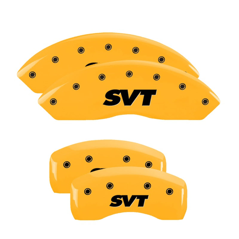 MGP 4 Caliper Covers Engraved Front &amp; Rear SVT Yellow Finish Black Char 2003 Ford Mustang - 10017SSVTYL