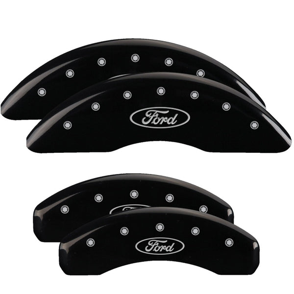 MGP 4 Caliper Covers Engraved Front &amp; Rear Oval logo/Ford Black finish silver ch - 10023SFRDBK