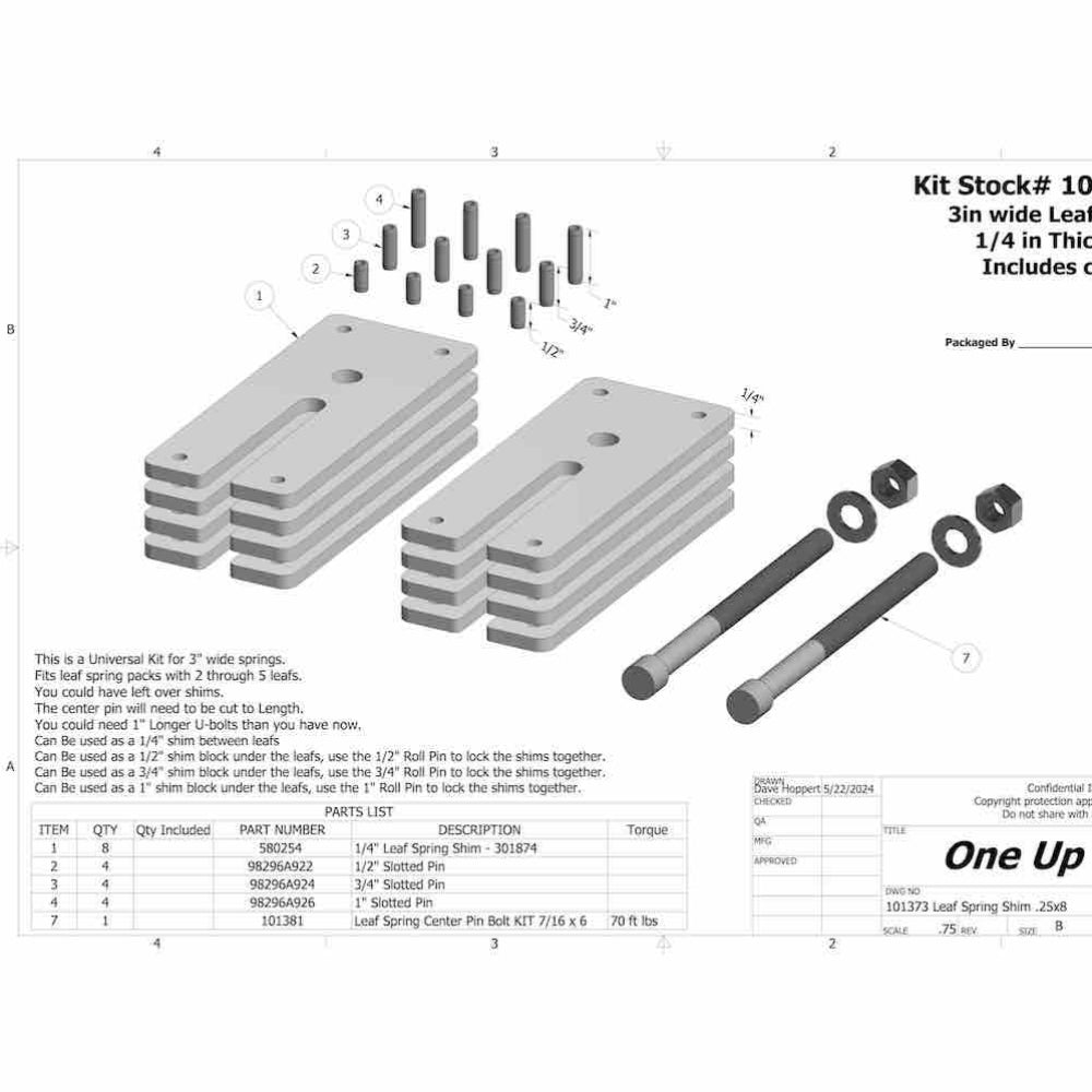 S&B Leaf Spring Shim Kit, 8 Qty 1/4" Shims - 101373