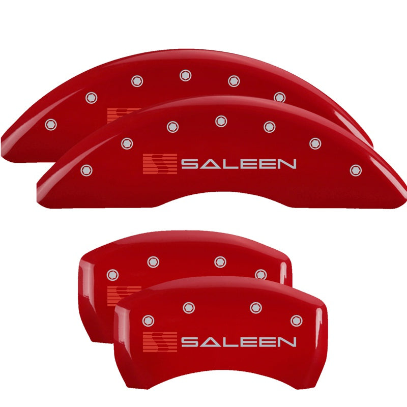 MGP 4 Caliper Covers Engraved Front &amp; Rear 15-23 Ford Mustang Yellow Finish Black Saleen Logo - 10201SSLNYL