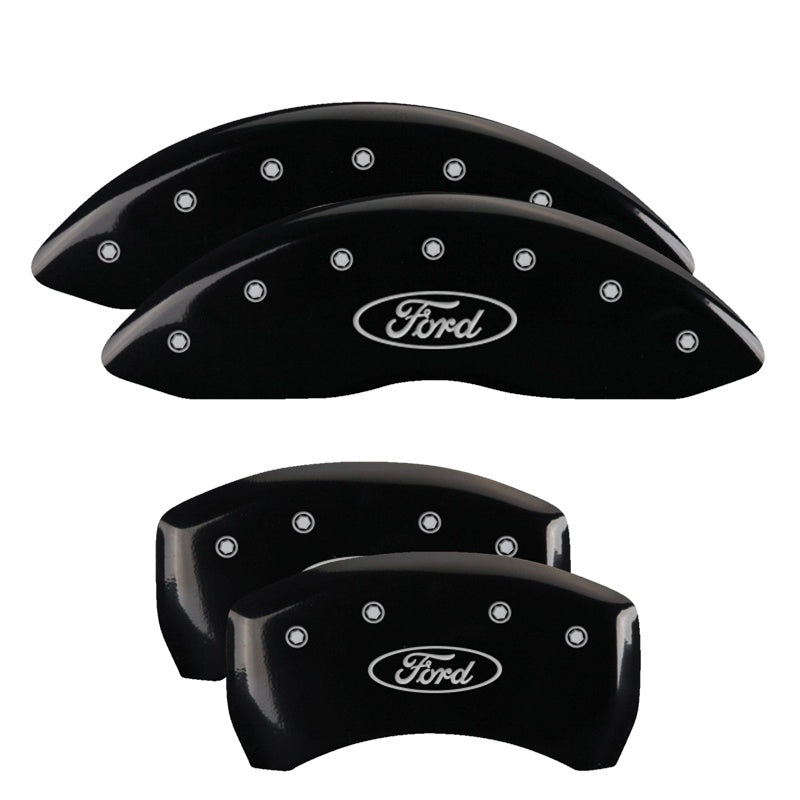 MGP 4 Caliper Covers Engraved Front &amp; Rear Oval logo/Ford Black finish silver ch - 10222SFRDBK