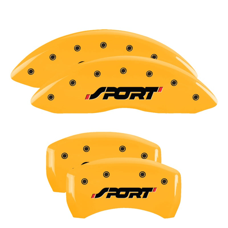 MGP 4 Caliper Covers Engraved Front &amp; Rear SPORT Yellow finish black ch - 10229SSPOYL