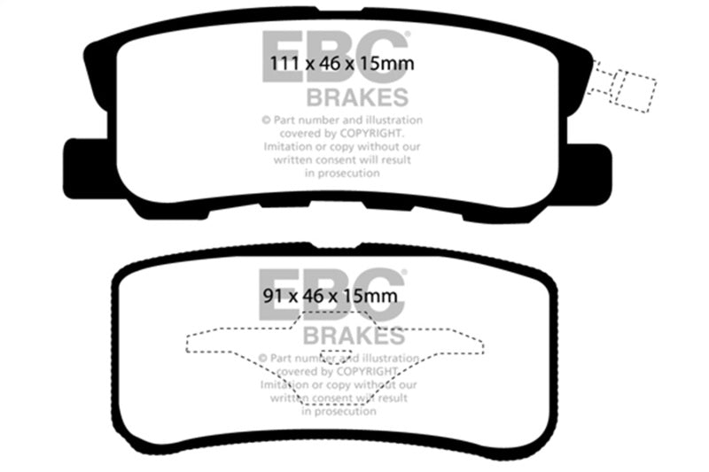 EBC 11-14 Chrysler 200 3.6 Ultimax2 Rear Brake Pads - UD868 for 2007-2017 Jeep Compass - front view
