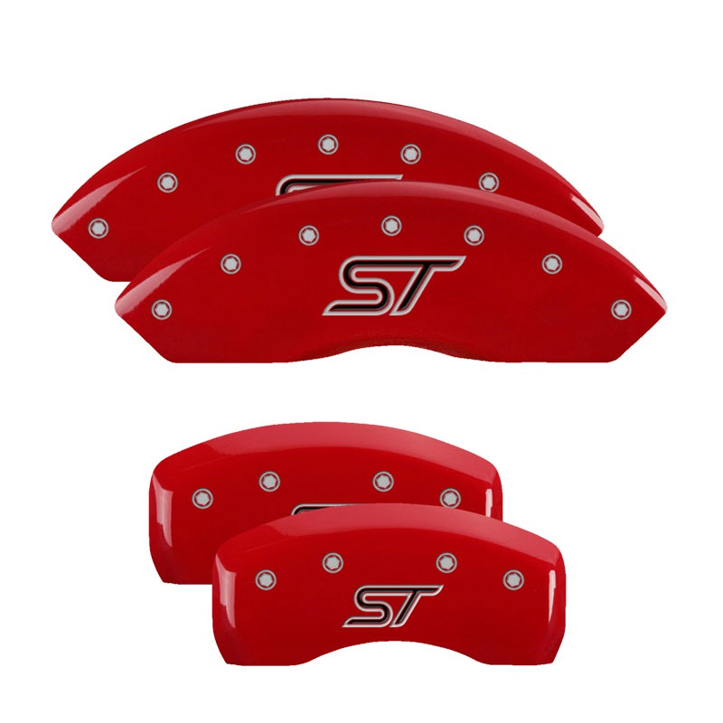 MGP 4 Caliper Covers Engraved Front &amp; Rear ST Logo Red Finish Silver Char 2021 Ford Explorer - 10252SSTORD