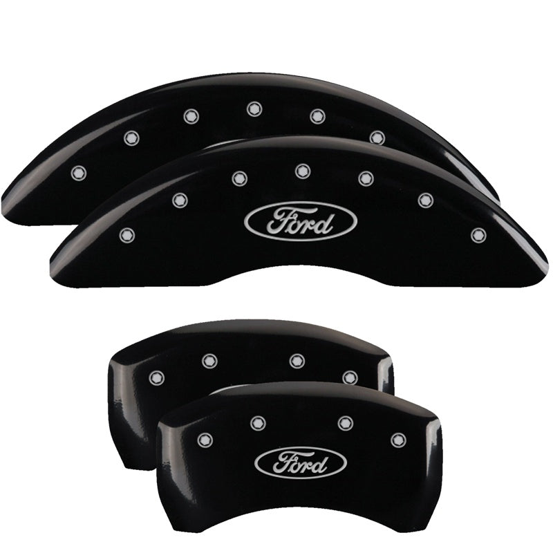MGP 4 Caliper Covers Engraved Front &amp; Rear 24-25 Ford Mustang EcoBoost - Black w/ Oval Logo - 10261SFRDBK
