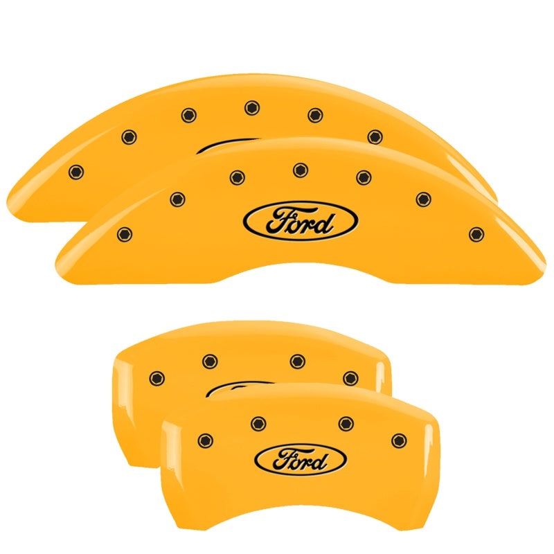 MGP 4 Caliper Covers Engraved Front &amp; Rear 24-25 Ford Mustang EcoBoost Yellow Finish Black Ford Logo - 10261SFRDYL