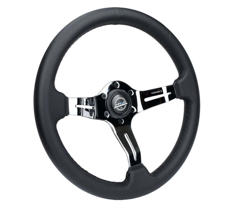 NRG Light Weight Gaming Steering Wheel - Splitz Chrome Silver Spokes Perforated Leather - ST-010CH-PR - close-up view