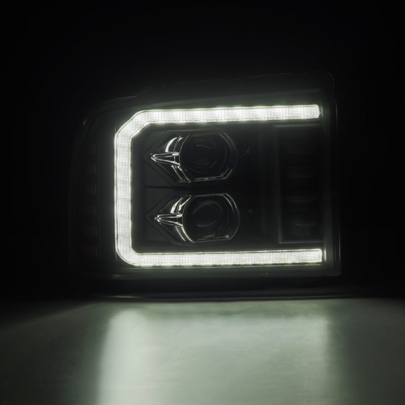 AlphaRex 05-07 Ford F250/350/450/550 Super Duty LUXX LED Proj HL Blk w/Actv Light &amp; Seq Sig + SB DRL - 880317