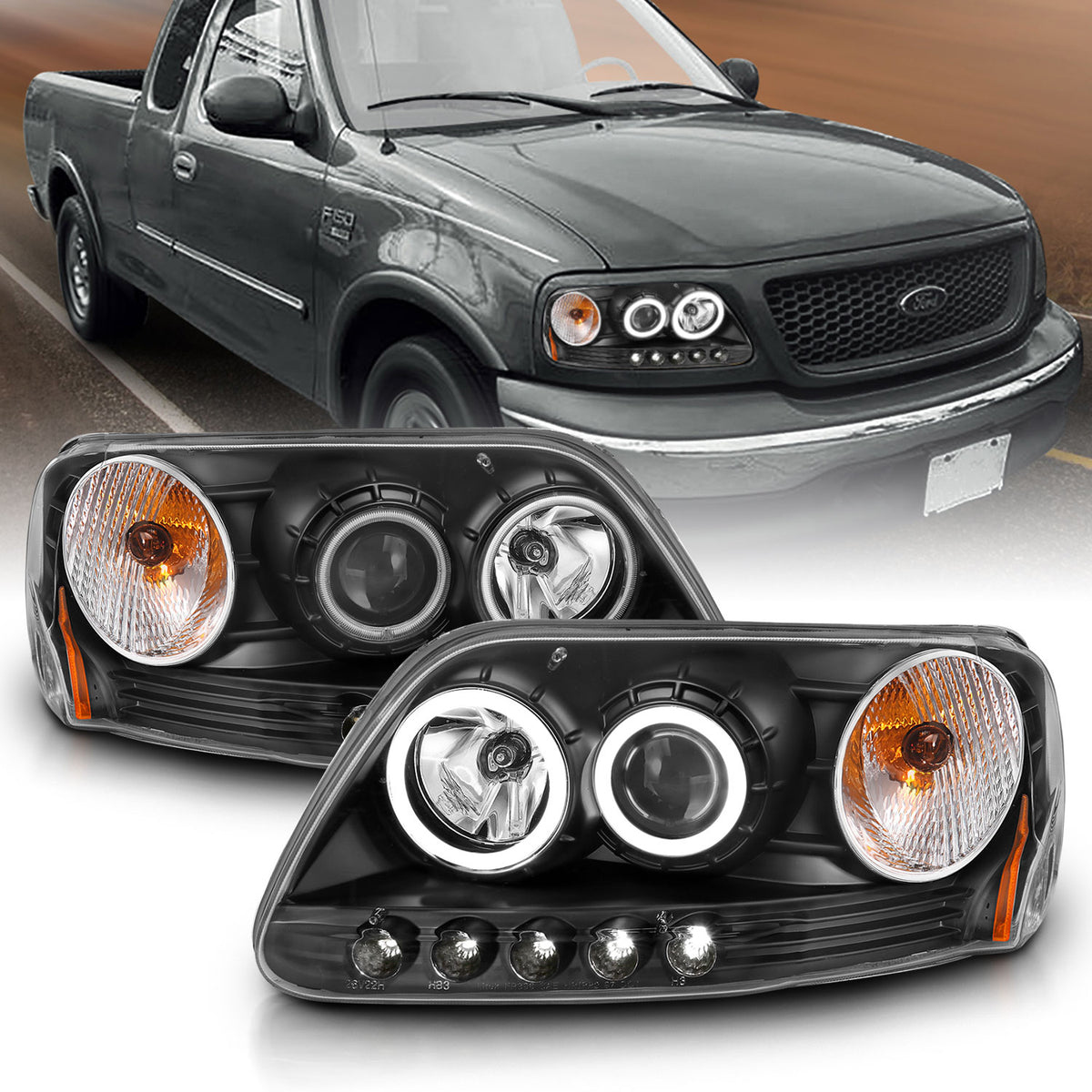ANZO 1997-2003 Ford F-150 Projector Headlights w/ Halo Black (CCFL) - 111097