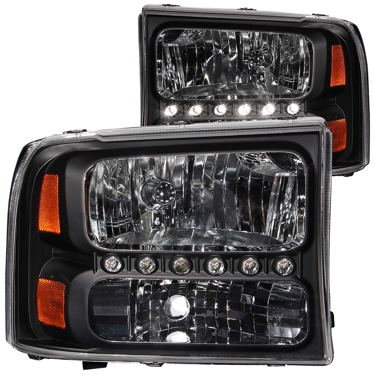 ANZO 2000-2004 Ford Excursion Crystal Headlights Black w/ LED 1pc - 111106 for 1999-2004 Ford F 250 - front view