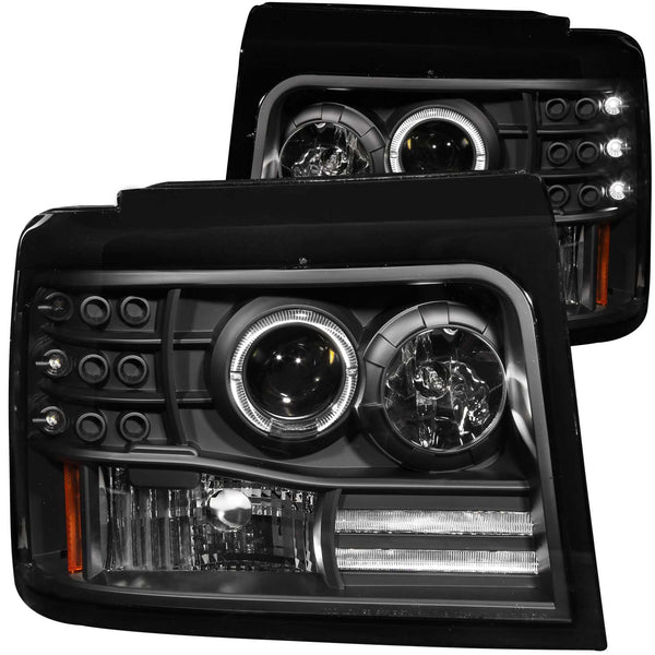 ANZO 1992-1996 Ford F-150 Projector Headlights w/ Halo Black w/ Side Markers and Parking Lights - 111184 for 1992-1998 Ford F