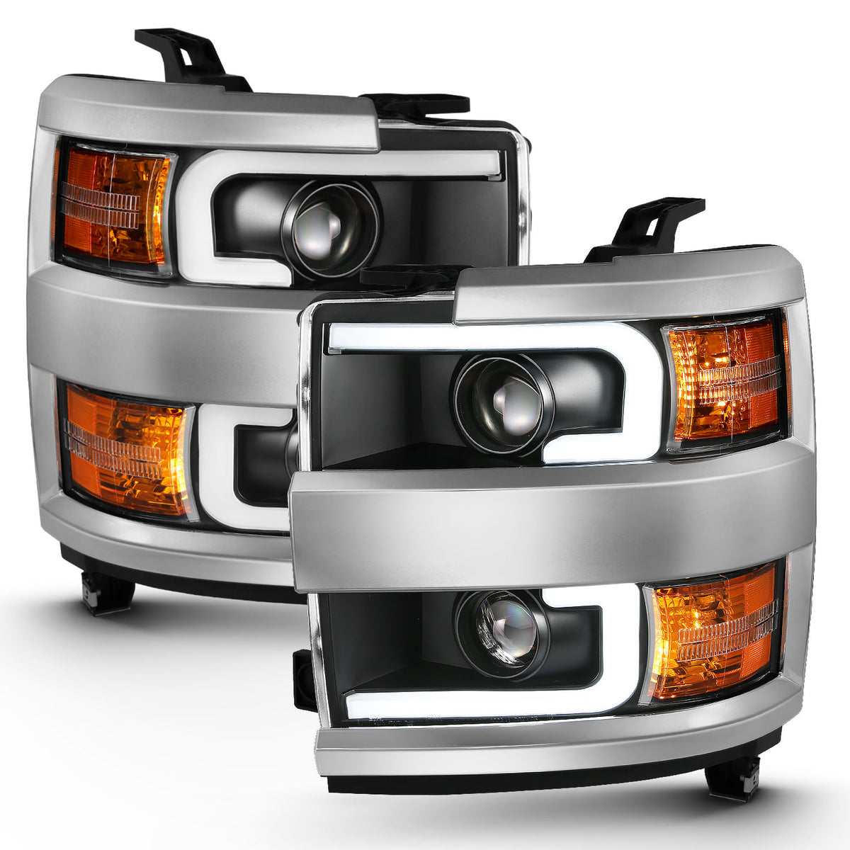 ANZO 2015-2016 Chevrolet Silverado Projector Headlights w/ Plank Style Design Black w/ Amber - 111359 for 2015-2019 Chevrolet