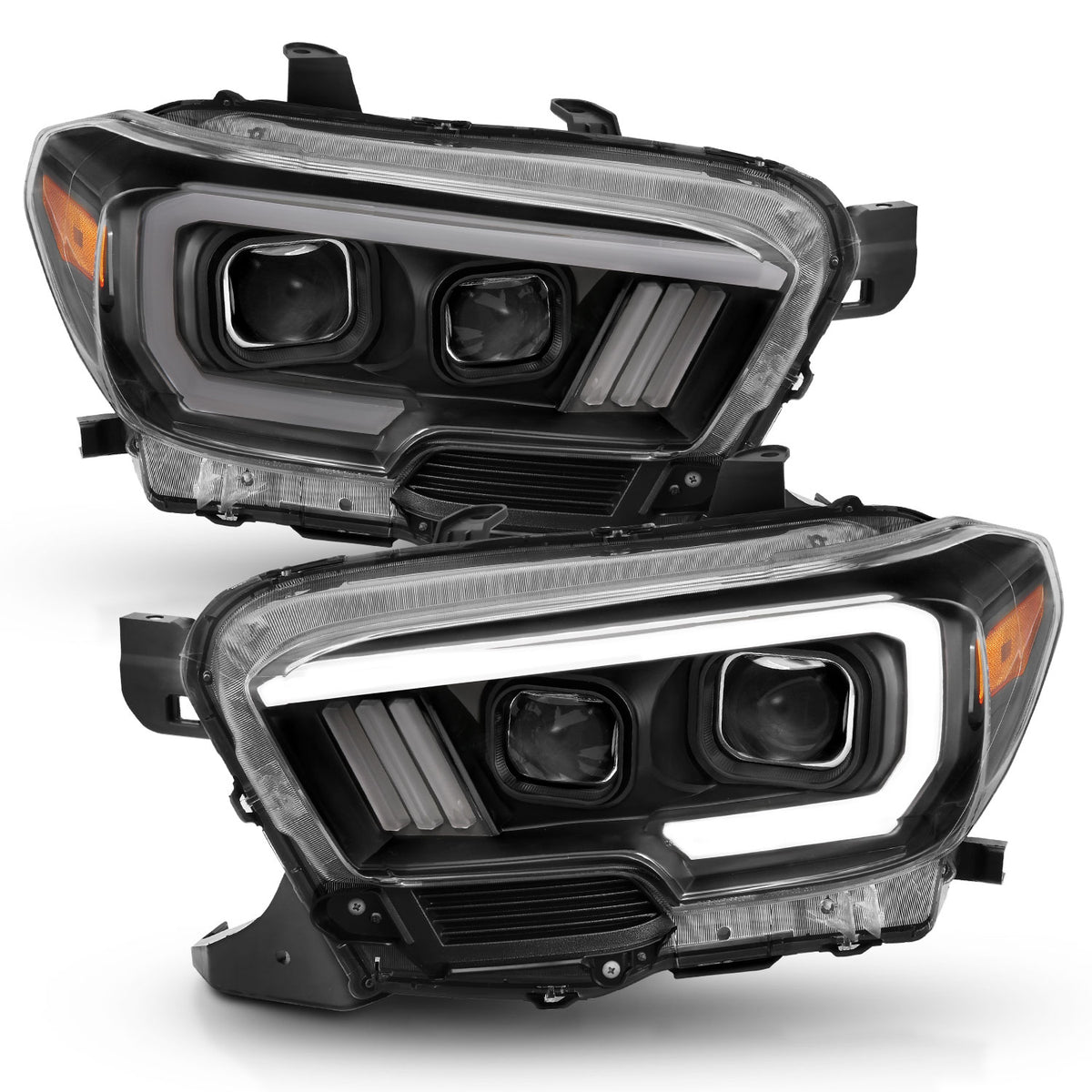 ANZO 2016-2017 Toyota Tacoma Projector Headlights w/ Plank Style Switchback Black w/ Amber w/ DRL - 111397 for 2016-2023 Toyo