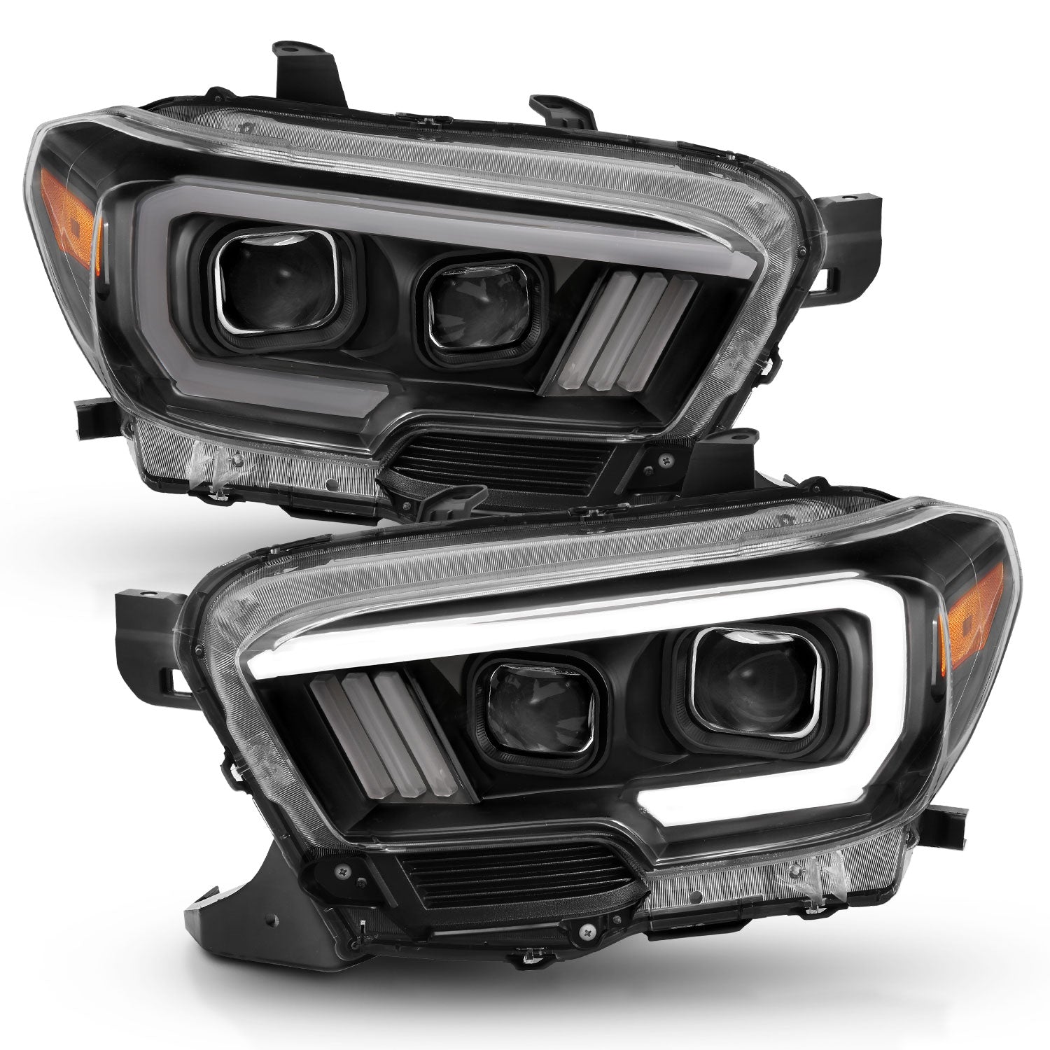 ANZO 2016-2017 Toyota Tacoma Projector Headlights w/ Plank Style Switchback Black w/ Amber w/ DRL - 111397 for 2016-2023 Toyo
