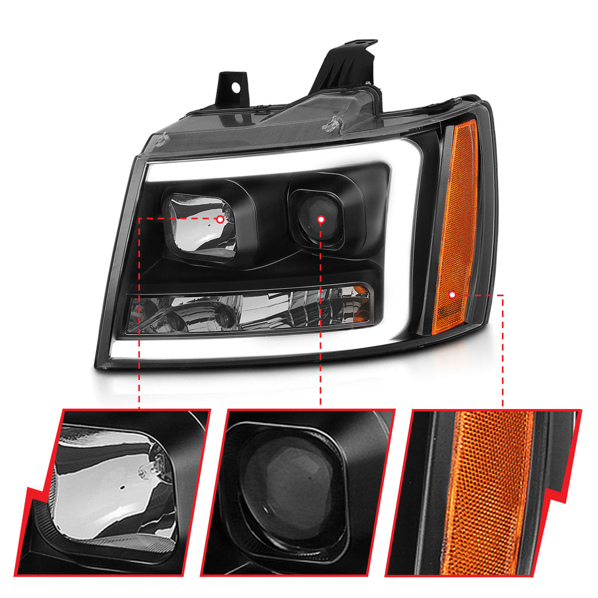 ANZO 07-14 Chevy Tahoe Projector Headlights w/ Plank Style Design Black w/ Amber - 111402