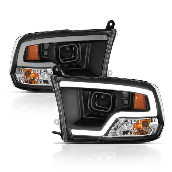 ANZO 09-18 Dodge Ram 1500 Plank Style Projector Headlights Black w/ Halo - 111404 for 2019-2023 Ram 1500 Classic - front view