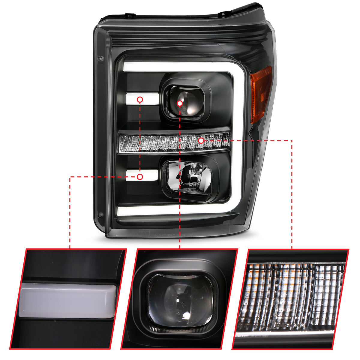 ANZO 2011-2016 Ford F250 Projector Headlights w/ Plank Style Switchback Black w/ Amber - 111406