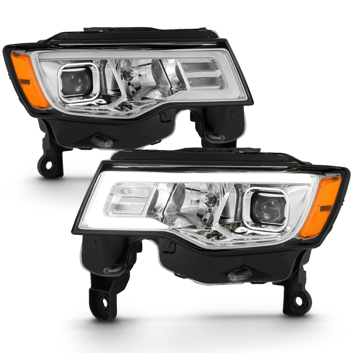 ANZO 2017-2018 Jeep Grand Cherokee Projector Headlights w/ Plank Style Switchback - Chrome w/ Amber - 111419