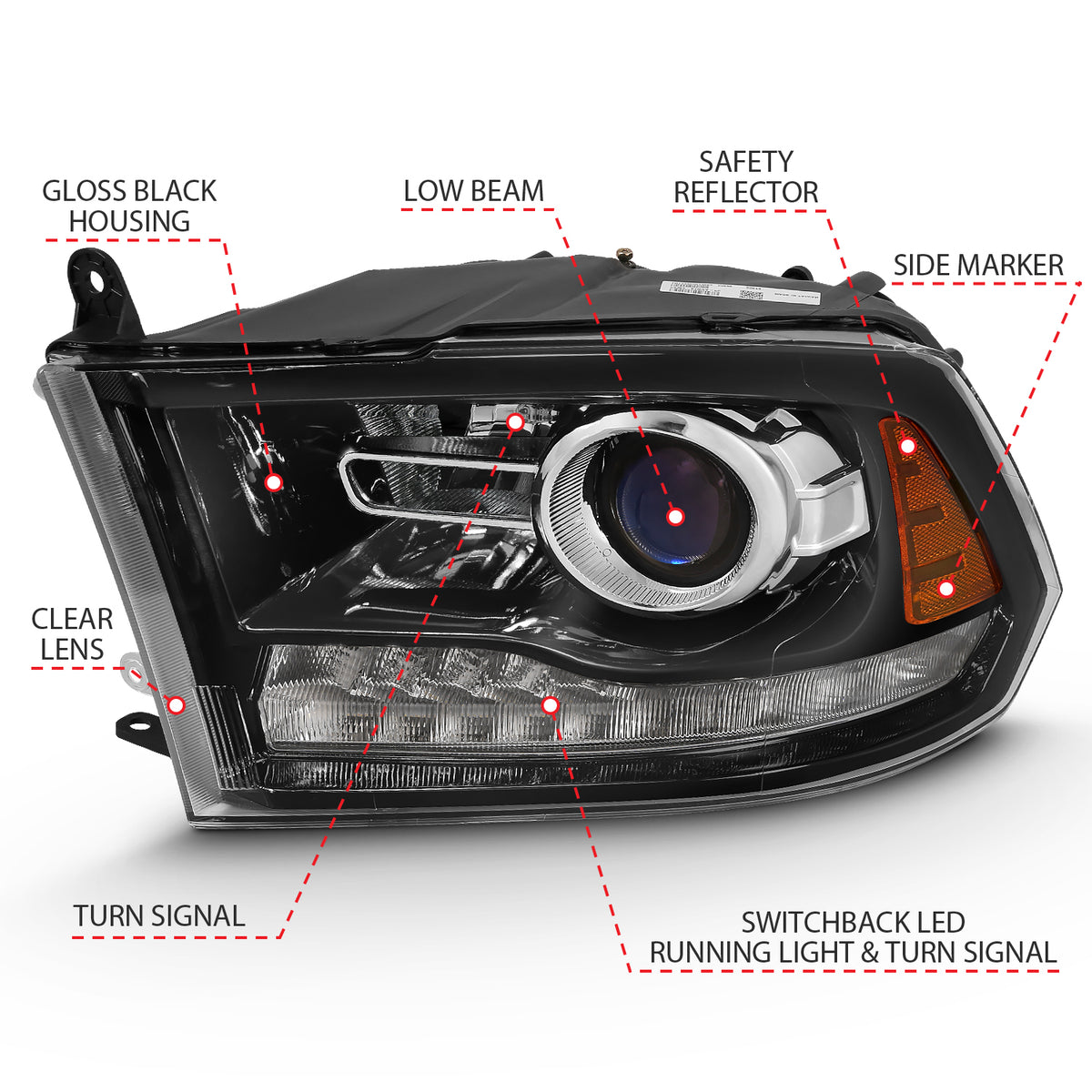 ANZO 2009-2018 Dodge Ram 1500 Projector Plank Style Switchback H.L Halo Black Amber (OE Style) - 111439