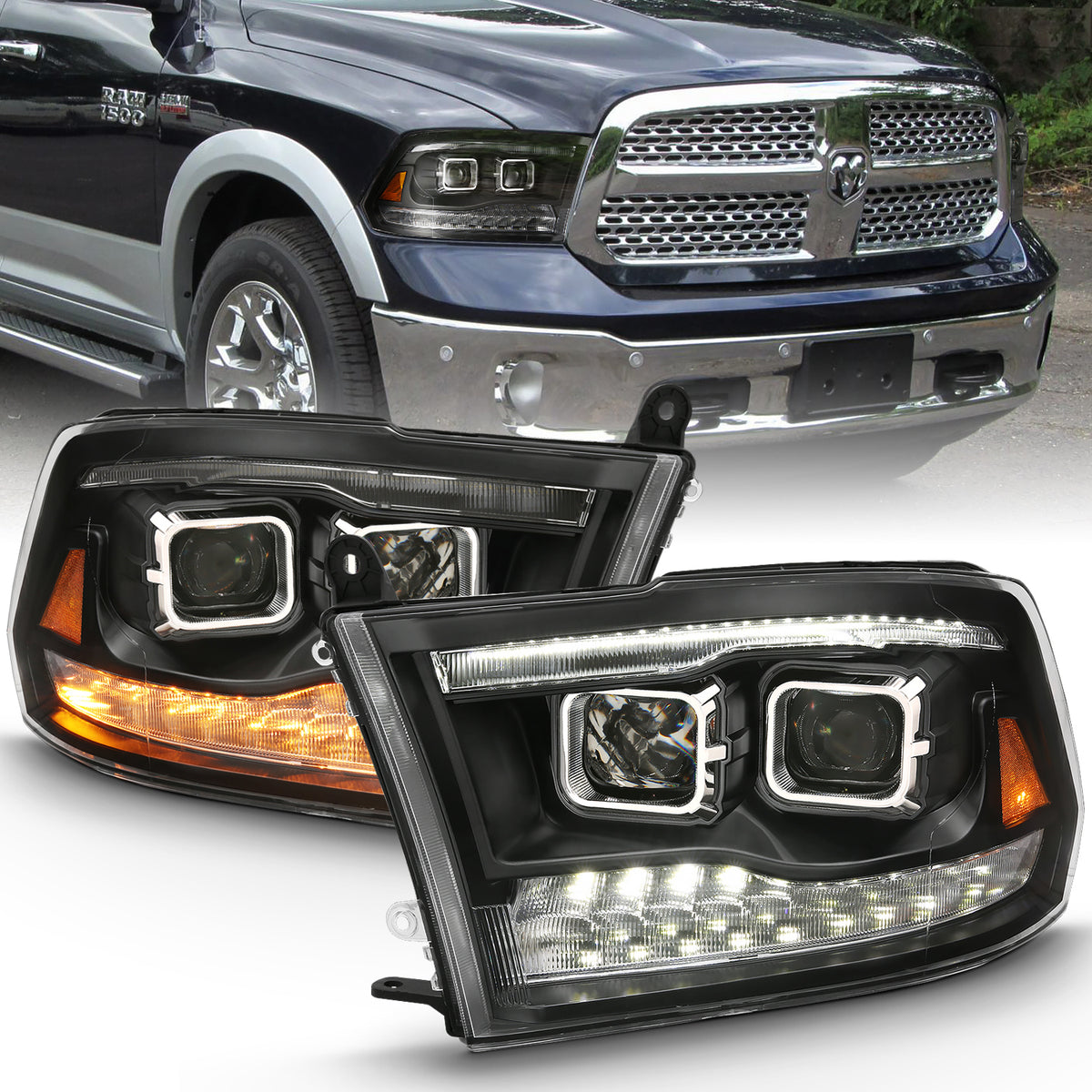 ANZO 2009-2018 Dodge Ram 1500 Projector H.L. Switchback Black Amber - 111441 for 2019-2023 Ram 1500 Classic - front view