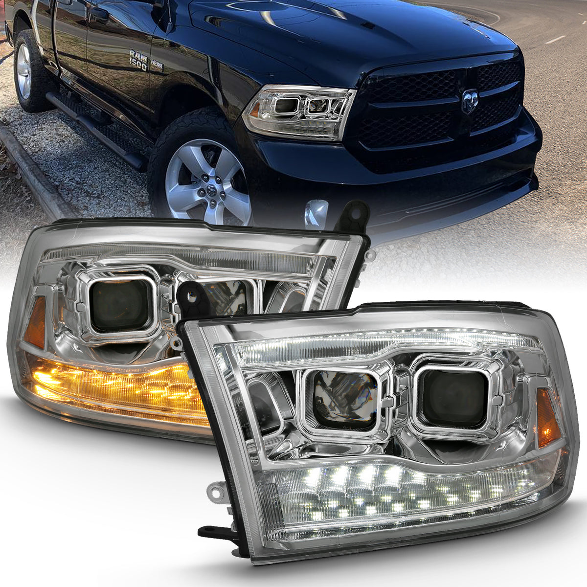ANZO 2009-2018 Dodge Ram 1500 Projector H.L. Switchback Chrome Amber - 111442 for 2019-2023 Ram 1500 Classic - front view