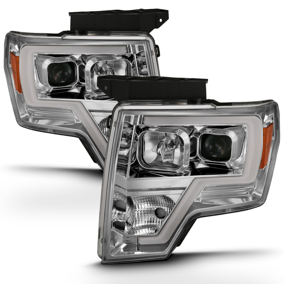 ANZO 2009-2014 Ford F-150 Projector Headlight Plank Style Chrome Amber - 111444 for 2009-2014 Ford F 150 - front view