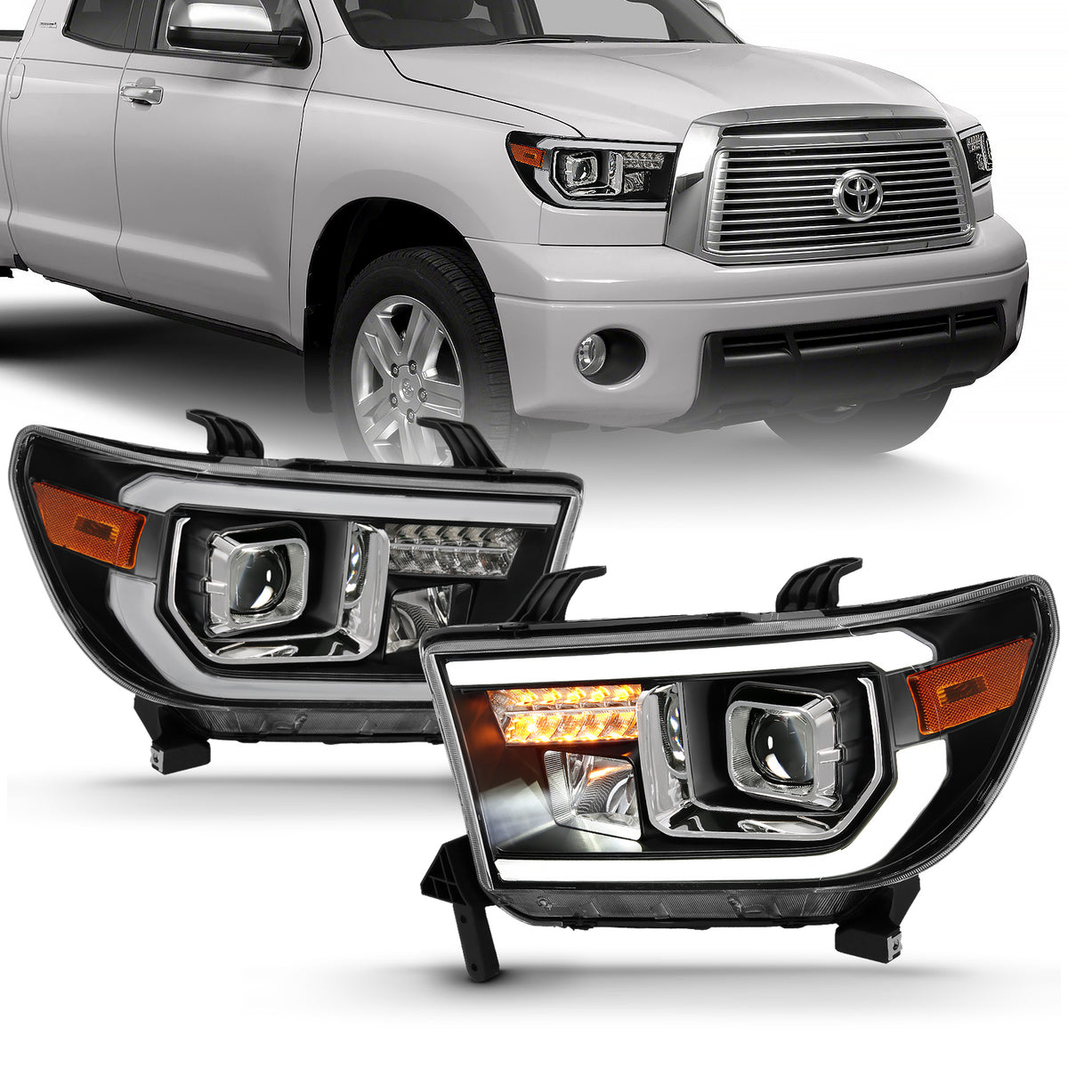 ANZO 2007-2014 Toyota Tundra Projector Light Bar H.L Black Amber(Led High Beam) (Halogen Version) - 111447 for 2008-2017 Toyo