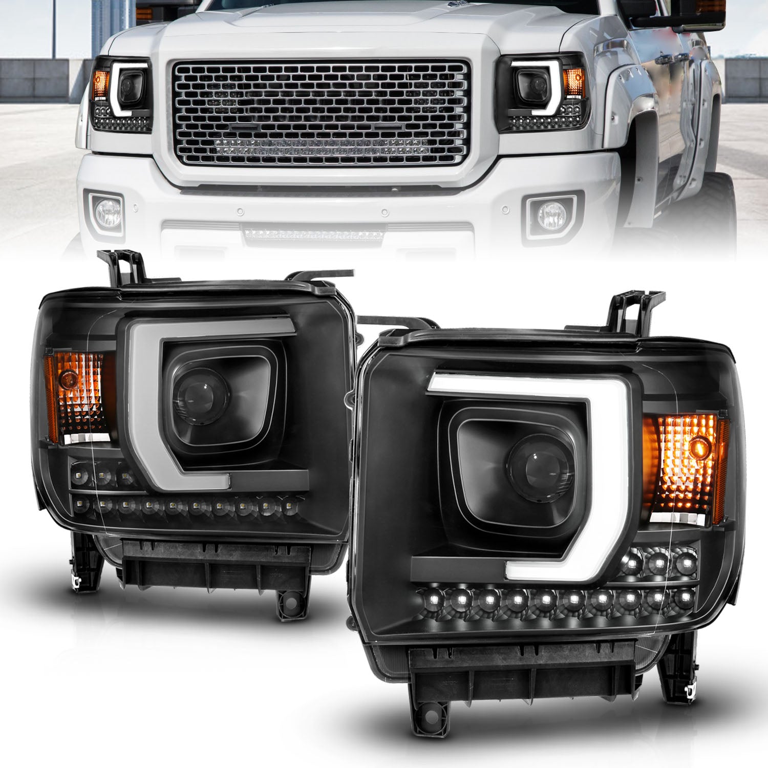 ANZO 2014-2015 Gmc Sierra 1500HD Projector Plank Style Headlight Black W/ Drl - 111450 for 2014-2019 GMC Sierra 3500 - front 
